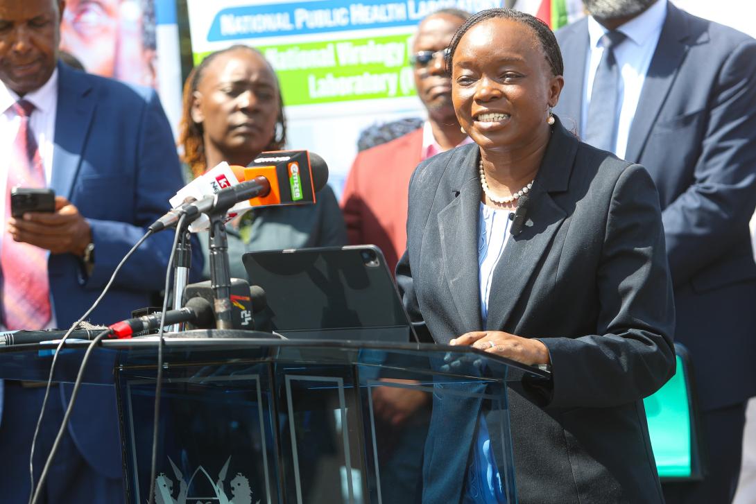 Kenya Cabinet Secretary for Health Dr. Deborah M. Barasa speaking after receiving Mpox test kits (Photo MoH Kenya).